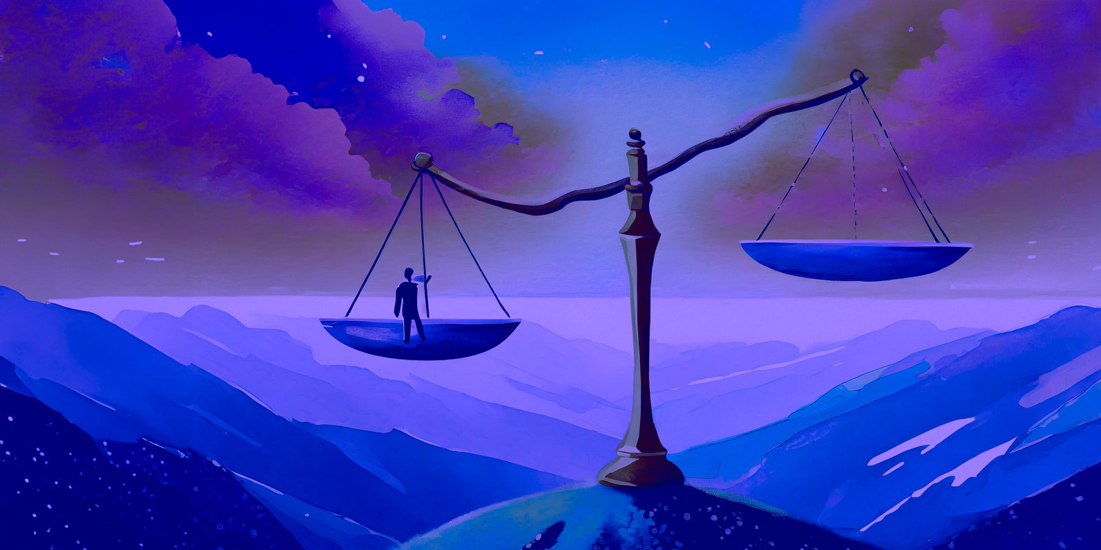 An illustration of an exaggerated scale set atop a mountain overlooking a vista.